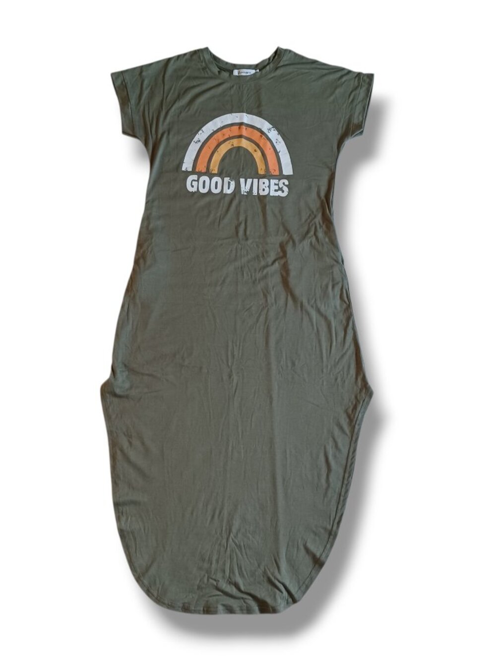 Anrabess Womens Summer Boho T shirt Dress Olive Green Good Vibes Beach Size M
